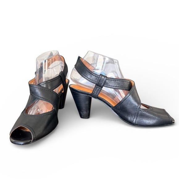 Clarks Shoes - Clarks Black Leather Crisscross Peep Toe Slingback Heels Women Size 8